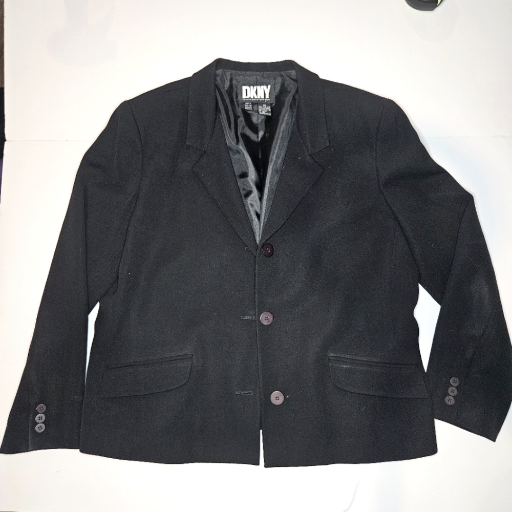 VTG DKNY Womens Professional Blazer Jacket Sz 14 Black 100% Wool Neutral Mature